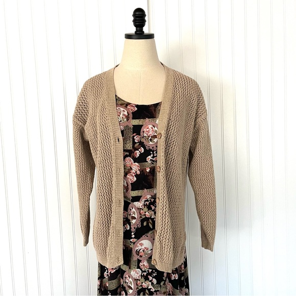 Vintage Fisherman's Sweater Hand Knit Beige Rope Net V-Neck Cardigan Wood Button - Picture 12 of 13